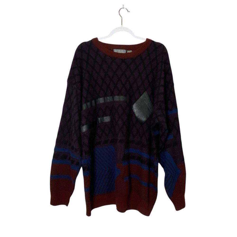 Vintage 80's Alvin Josef Geometric Print Knit Sweater Leather Patches Mens 2XLT